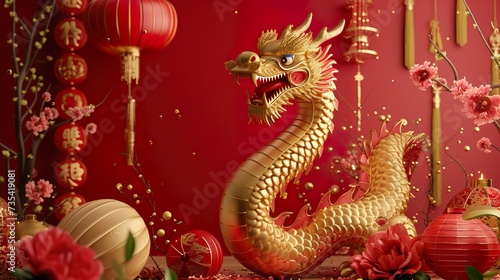 Wallpaper Mural Happy Chinese New Year 2024 the dragon zodiac sign with flower, lantern, elements with red and gold color. background. Copy space Torontodigital.ca