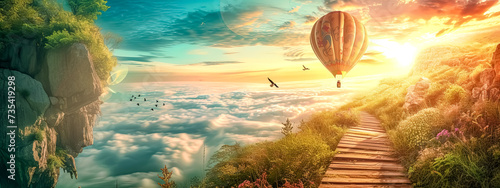 A hot air balloon floats above a wooden bridge as it glides through the sky photo