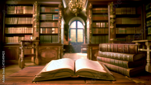 Open book on blurred library background