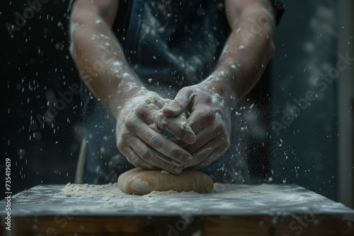 A male baker hangs out the dough in large quantities of flour, creating baked goods