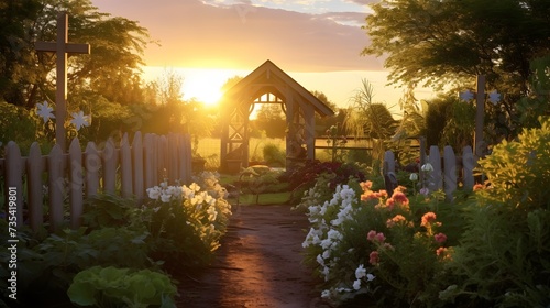 A serene sunrise over an Easter Resurrection garden, casting a warm glow on the wooden crosses amidst lush greenery.