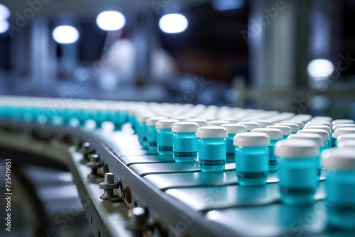 Pills on conveyor in pharmaceutical factory, pharmaceutical industry