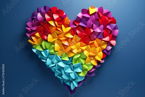 Colorful origami heart on blue background. 3d illustration.