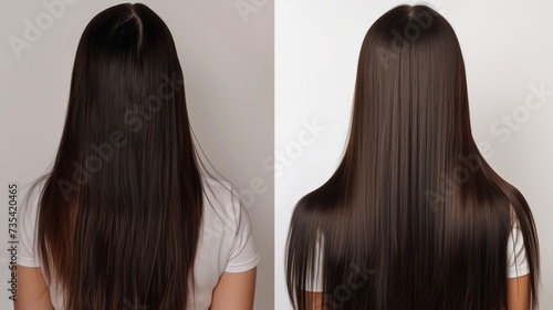 woman with beautiful long hair on white background,before and ater photo