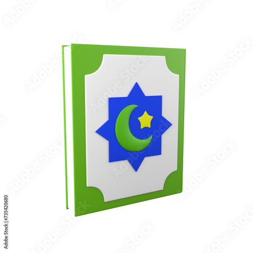 PSD 3D illustration of an Al-Quran with the concept of the moon and stars on the cover. photo