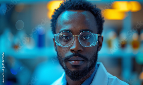 Portrait of handsome young scientist in lab coat and round glasses.
