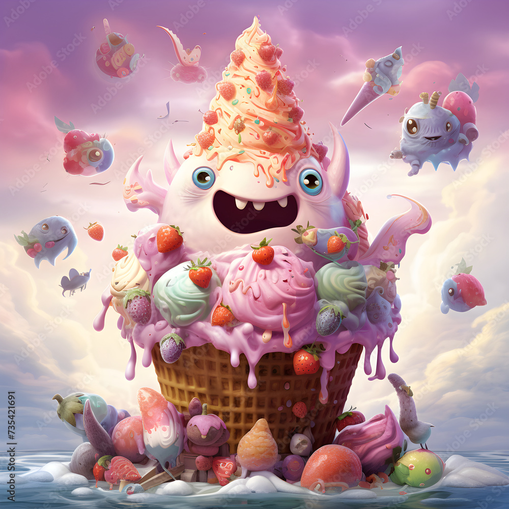 A fairy ice cream monster sprinkling magical toppings onto cones..