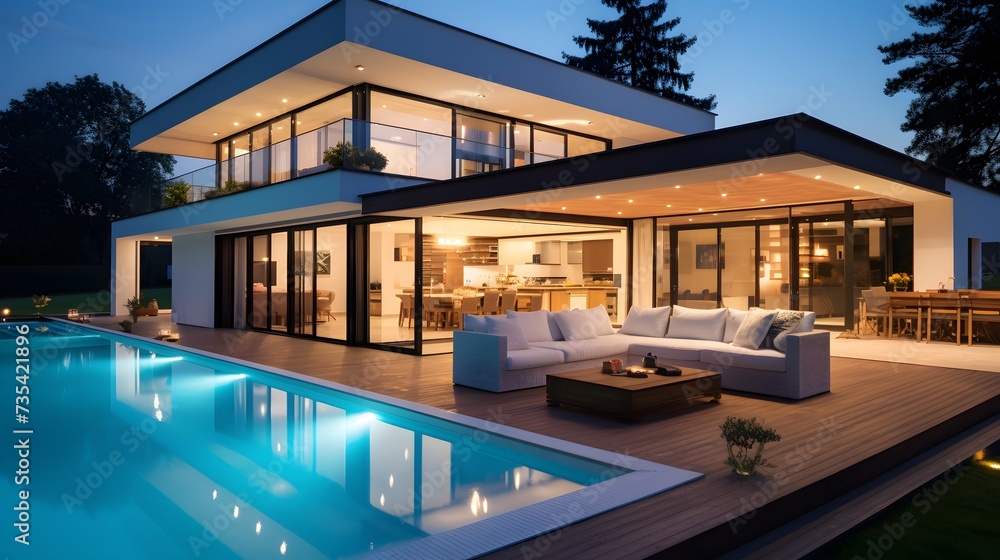 A smart home with integrated technology controlling lighting, temperature, and security.