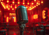 Microphone on stage in night club. Vintage microphone in shiny red stage background