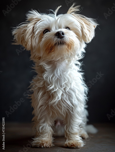 Small white dog stands on wooden floor and looks up. White haired dog standing on black background