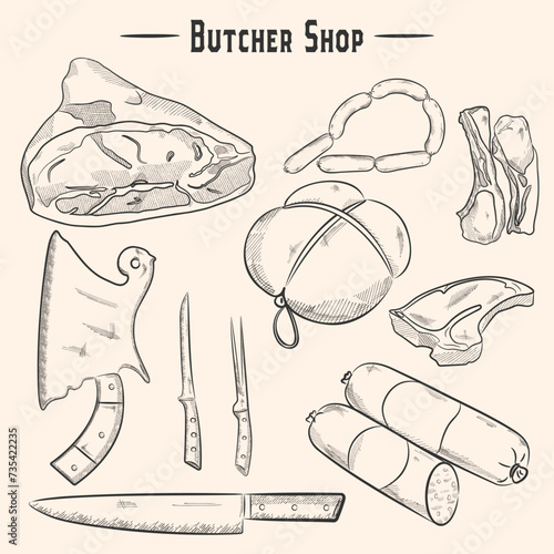 Meat, prosciutto, ribs, sausage collection set of stroke vintage illustration. Hand drawn lines, vector elements for menu design.