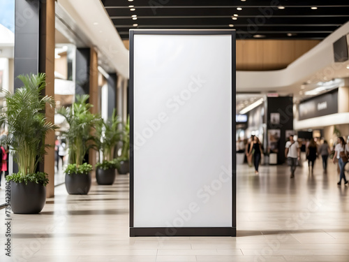 A mockup poster stands within a shopping centre mall setting or the high street, showcasing a wide banner design featuring ample blank space for your content design. photo