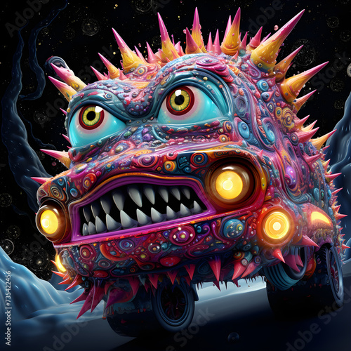 Mesmerizing Cosmic Car Monster. Marvel at a cosmic car monster featuring nebula patterns and comet fins, depicted in mesmerizing 3D cartoon. © Katerina