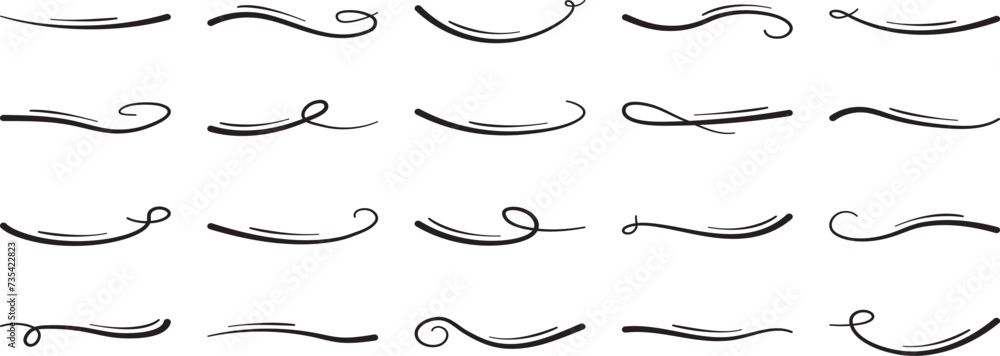 Swoosh line, underline swish, stroke swash swirl, curly hand drawn text calligraphic brush tail, black fireworks icon set isolated on white background. Doodle decorative vector illustration