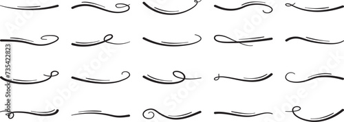 Swoosh line, underline swish, stroke swash swirl, curly hand drawn text calligraphic brush tail, black fireworks icon set isolated on white background. Doodle decorative vector illustration