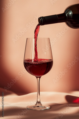 Red wine pours from a bottle into a glass with a splash against a beautiful close-up background