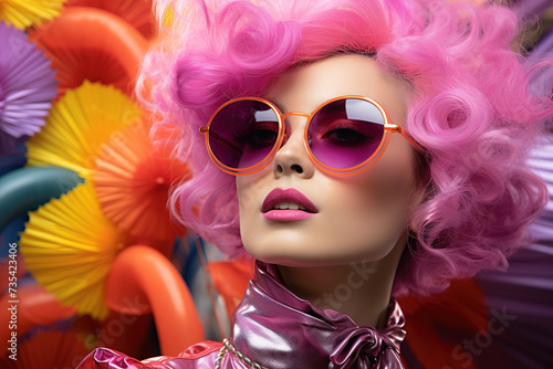 Fashion Model With Vibrant Pink Curly Hair and Retro Sunglasses Against a Colorful Background