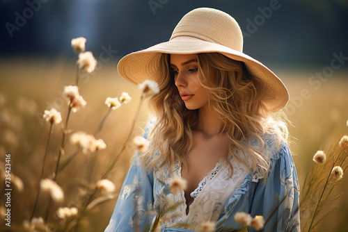 A fashion model wearing a straw hat and a light blue dress stands among tall grass and flowers, bathed in the warm golden light of the setting sun