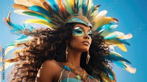 A beautiful young woman with a feather headdress at carnival.