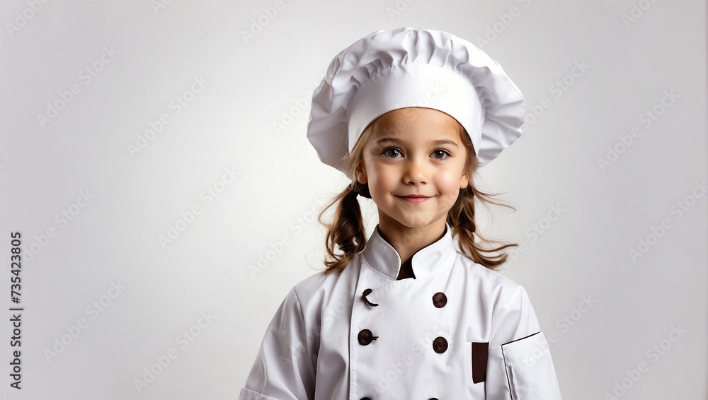 little girl wearing a chef uniform isolated on bright white background little girl wearing a chef uniform isolated on bright white background