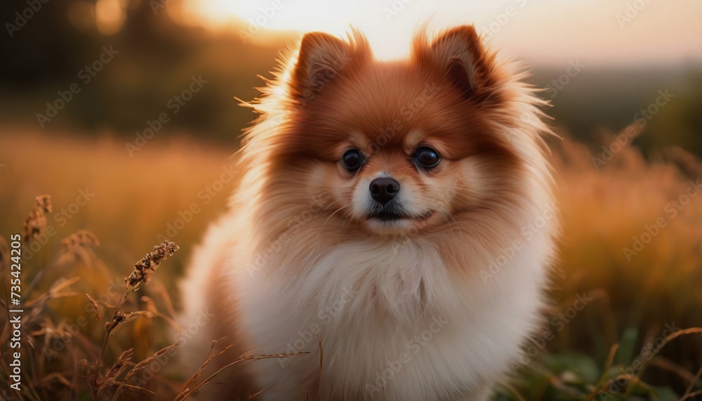 Pomeranian, dog at dawn, purebred dog in nature, happy dog, beautiful dog