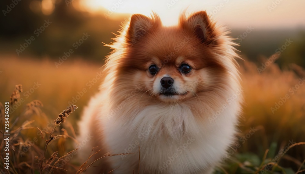 Pomeranian, dog at dawn, purebred dog in nature, happy dog, beautiful dog Pomeranian, dog at dawn, purebred dog in nature, happy dog, beautiful dog