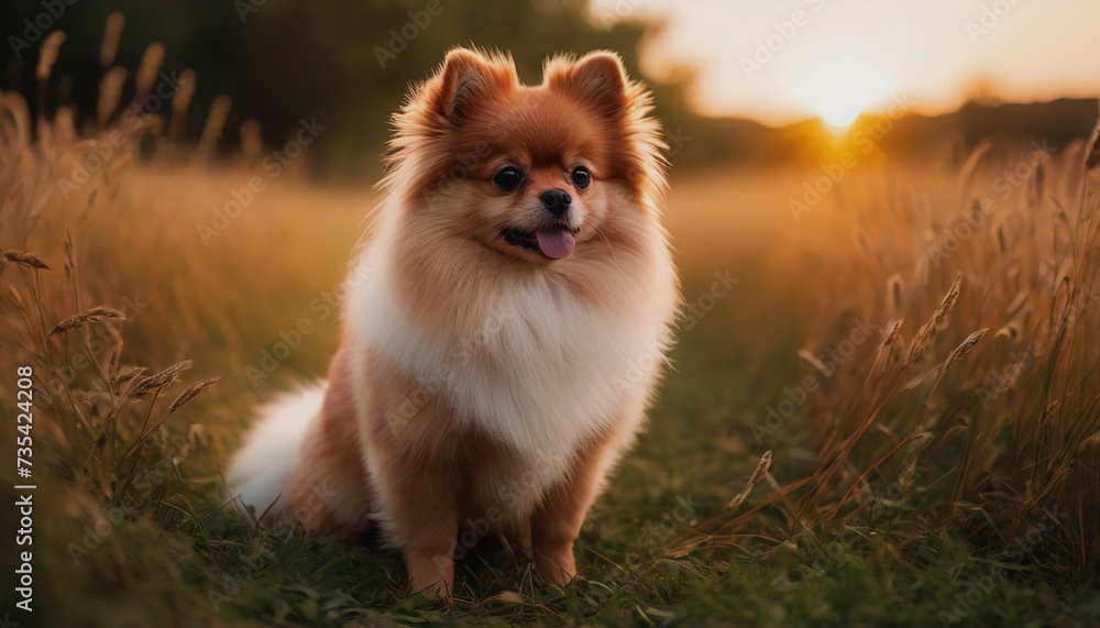 Pomeranian, dog at dawn, purebred dog in nature, happy dog, beautiful dog Pomeranian, dog at dawn, purebred dog in nature, happy dog, beautiful dog