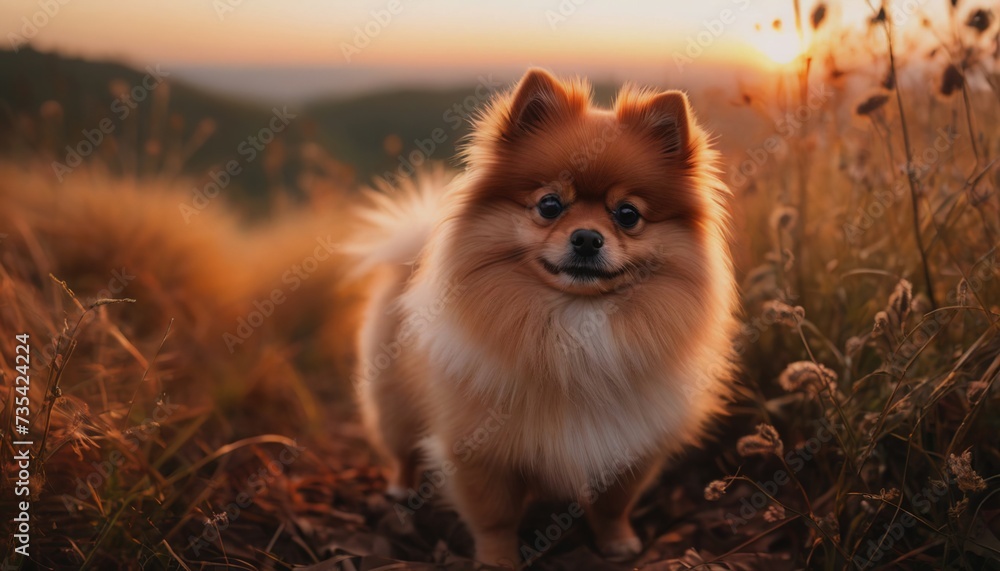 Pomeranian, dog at dawn, purebred dog in nature, happy dog, beautiful dog Pomeranian, dog at dawn, purebred dog in nature, happy dog, beautiful dog