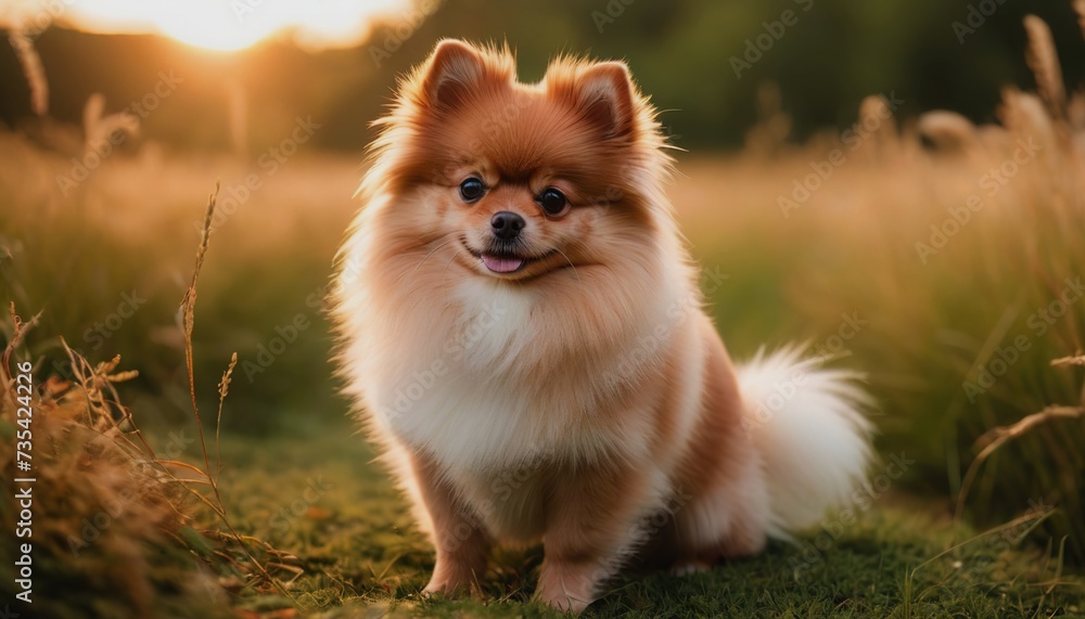 Pomeranian, dog at dawn, purebred dog in nature, happy dog, beautiful dog