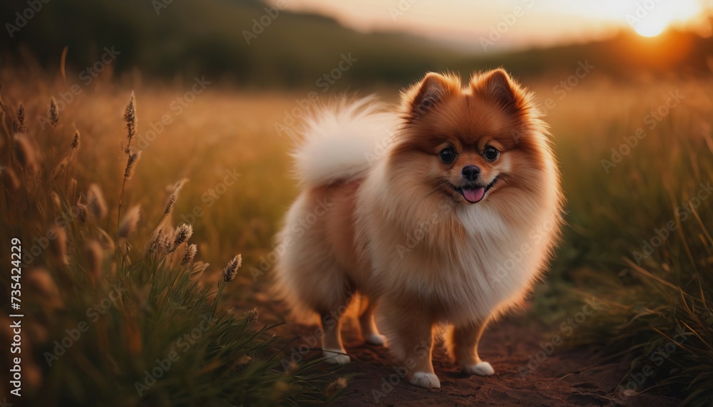 Pomeranian, dog at dawn, purebred dog in nature, happy dog, beautiful dog Pomeranian, dog at dawn, purebred dog in nature, happy dog, beautiful dog