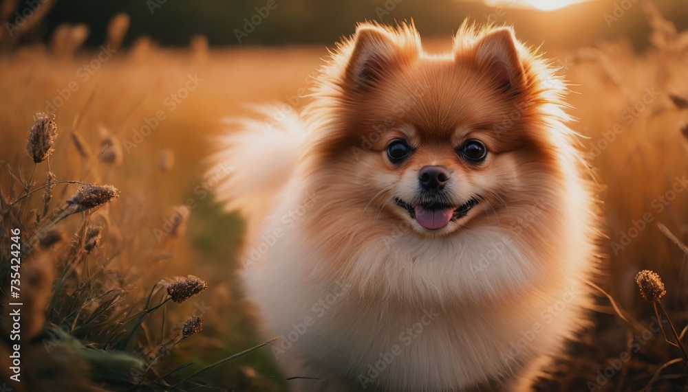 Pomeranian, dog at dawn, purebred dog in nature, happy dog, beautiful dog Pomeranian, dog at dawn, purebred dog in nature, happy dog, beautiful dog