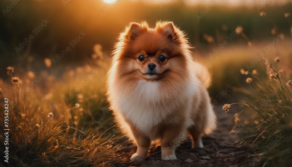 Pomeranian, dog at dawn, purebred dog in nature, happy dog, beautiful dog Pomeranian, dog at dawn, purebred dog in nature, happy dog, beautiful dog