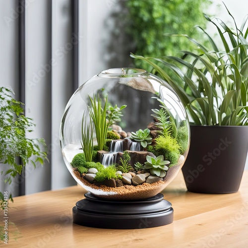 Glass terrarium on wooden pedestal with green plants, rocks, and waterfalls