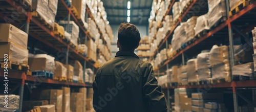 A strong man working in a spacious industrial warehouse surrounded by heavy equipment and tools