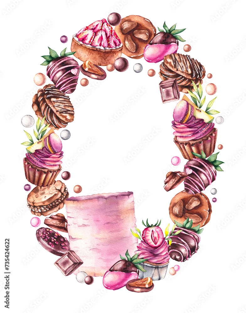 Watercolor sweet desserts wreath hand drawn isolated
