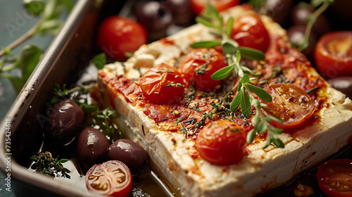 Baked Feta Cheese with Tomatoes and Olives Photo
