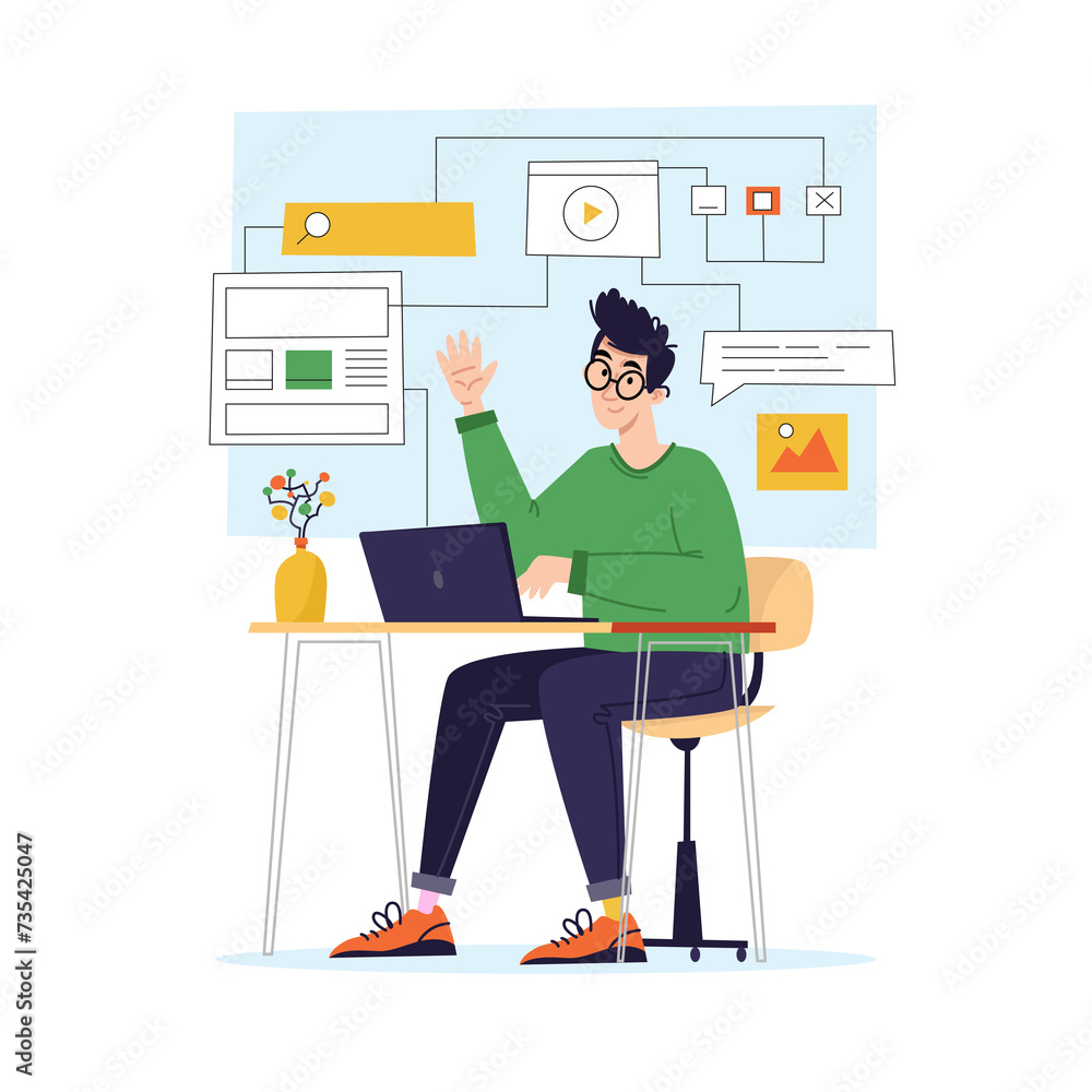 Man working on laptop. Designer draws user card. Ui, Ux designer. Web designer. Flat illustration Man working on laptop. Designer draws user card. Ui, Ux designer. Web designer. Flat illustration