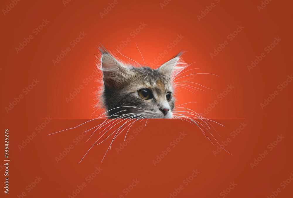Fototapeta premium Cat Peeking Out From Behind a Red Wall