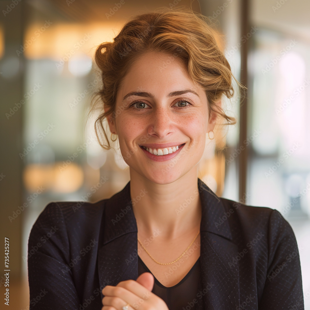 Portrait, smiling young HR manager, extending hand towards camera, eye contact, welcoming gesture Portrait, smiling young HR manager, extending hand towards camera, eye contact, welcoming gesture