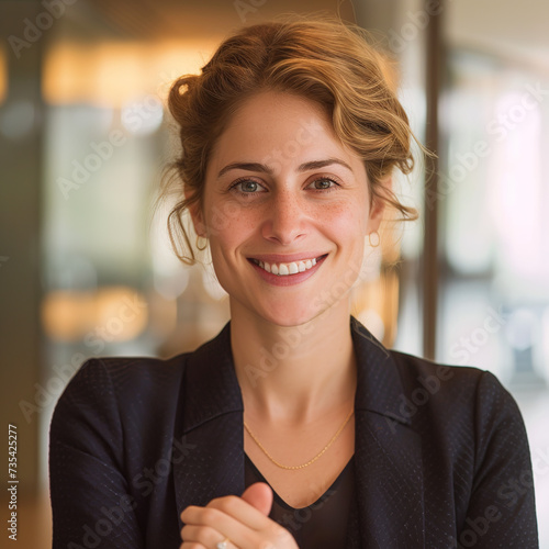 Portrait  smiling young HR manager  extending hand towards camera  eye contact  welcoming gesture
