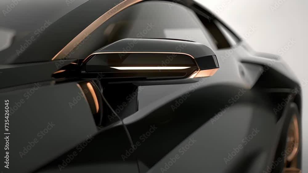 The aerodynamic shape of the side mirrors housing is emphasized in a closeup shot contributing to the cars overall sleek and stylish appearance. The aerodynamic shape of the side mirrors housing is emphasized in a closeup shot contributing to the cars overall sleek and stylish appearance.