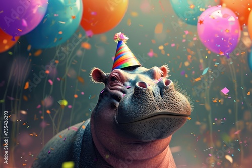 A cute hippo with a party hat, confetti and colorful balloons. Birthday celebration concept.