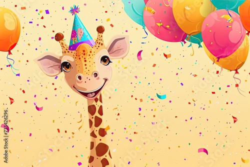 Children's birthday card. A cute giraffe with confetti and colorful balloons.