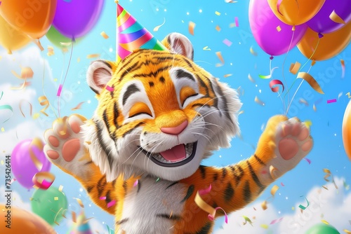 Children's birthday card. A cute baby tiger with confetti and colorful balloons.