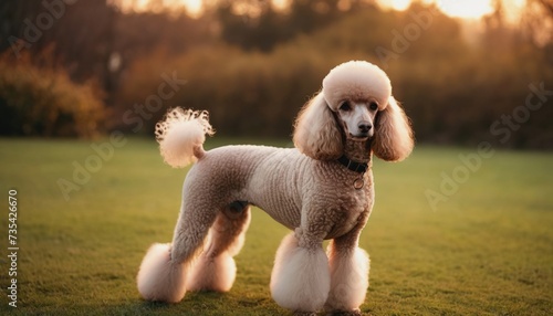 Poodle, dog at dawn, purebred dog in nature, happy dog, beautiful dog photo