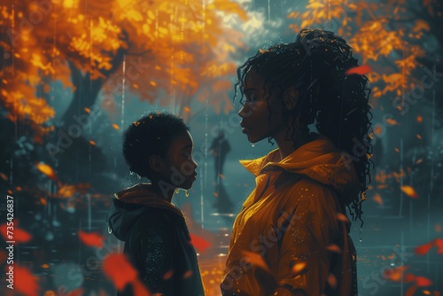 Mother with son wearing yellow raincoats under the rain. Beautiful afroamerican woman and boy outdoors in rainy weather. Autumn picture