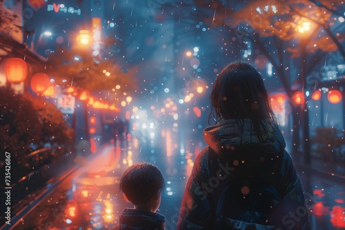Mother with her son stands on the street watching lights of big city. View from behind.