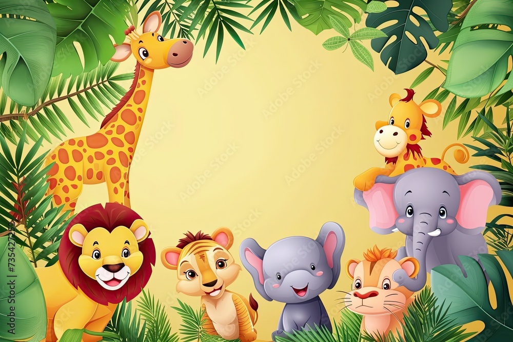 Naklejka premium Jungle wallpaper in cute cartoon style with animals. Empty space in the middle.