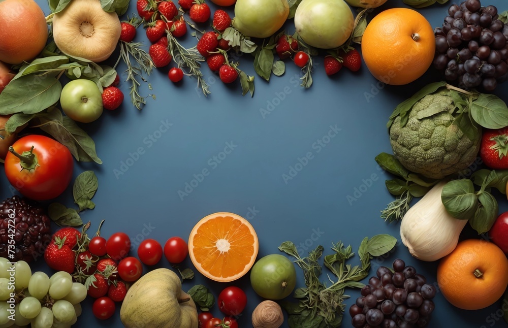 Fruits, vegetables and herbs on blue background. Rustic concept. Top view, lots of empty space, space for text. Fruits, vegetables and herbs on blue background. Rustic concept. Top view, lots of empty space, space for text.