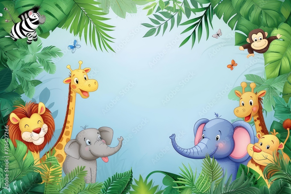 Jungle wallpaper in cute cartoon style with animals. Empty space in the middle. Jungle wallpaper in cute cartoon style with animals. Empty space in the middle.